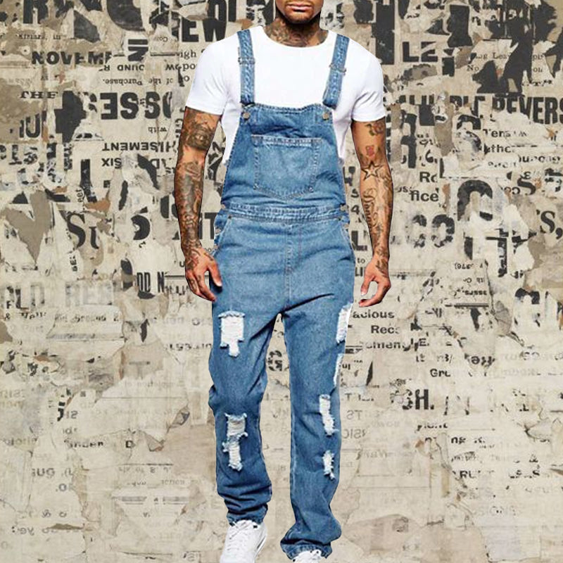 Thalion | Heren Stylish Ripped Denim Overalls - Relaxed Fit Distressed Jumpsuit for Effortless Casual Chic