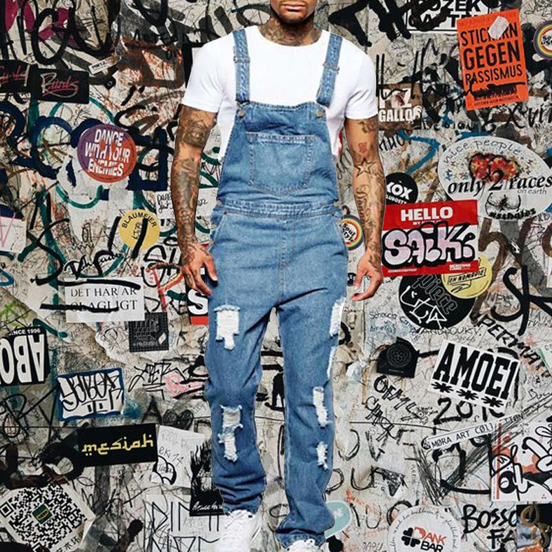 Thalion | Heren Stylish Ripped Denim Overalls - Relaxed Fit Distressed Jumpsuit for Effortless Casual Chic