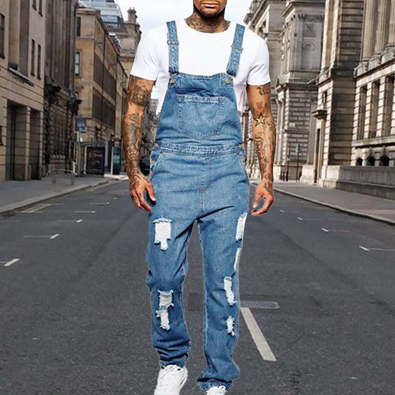 Thalion | Heren Stylish Ripped Denim Overalls - Relaxed Fit Distressed Jumpsuit for Effortless Casual Chic