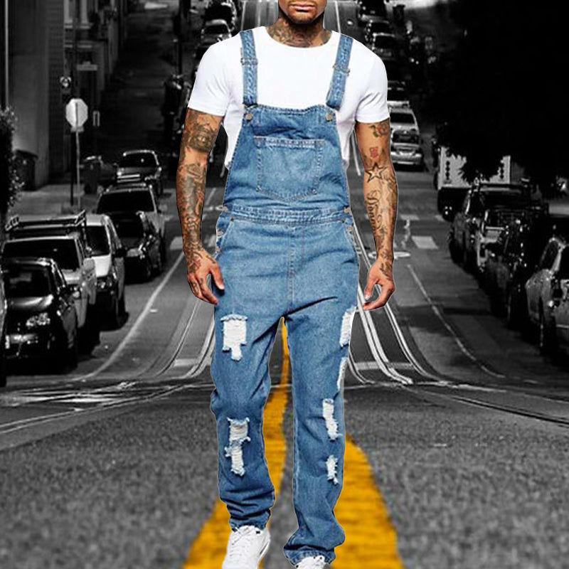 Thalion | Heren Stylish Ripped Denim Overalls - Relaxed Fit Distressed Jumpsuit for Effortless Casual Chic