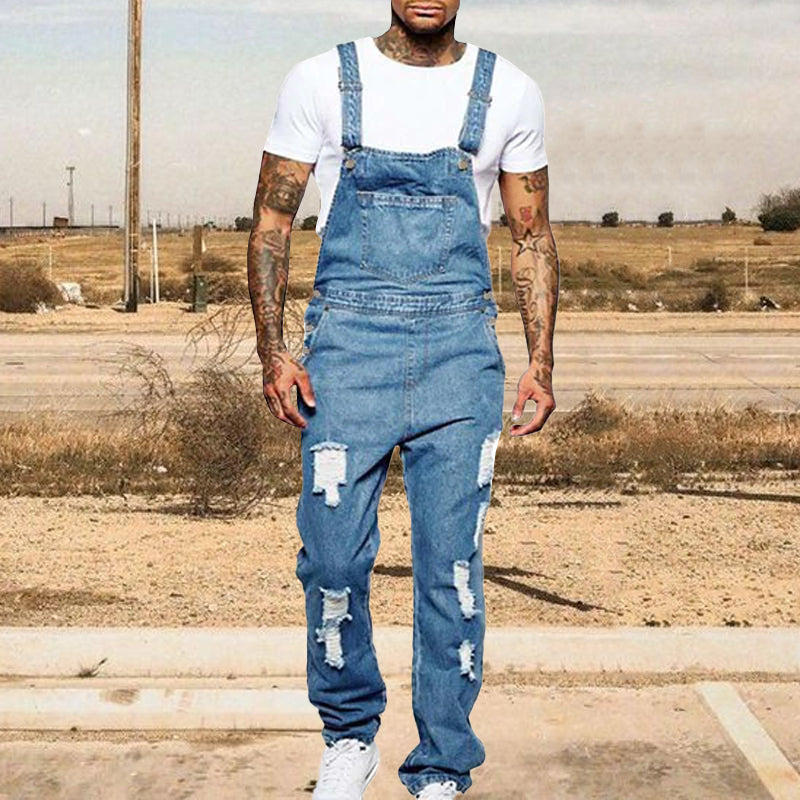 Thalion | Heren Stylish Ripped Denim Overalls - Relaxed Fit Distressed Jumpsuit for Effortless Casual Chic