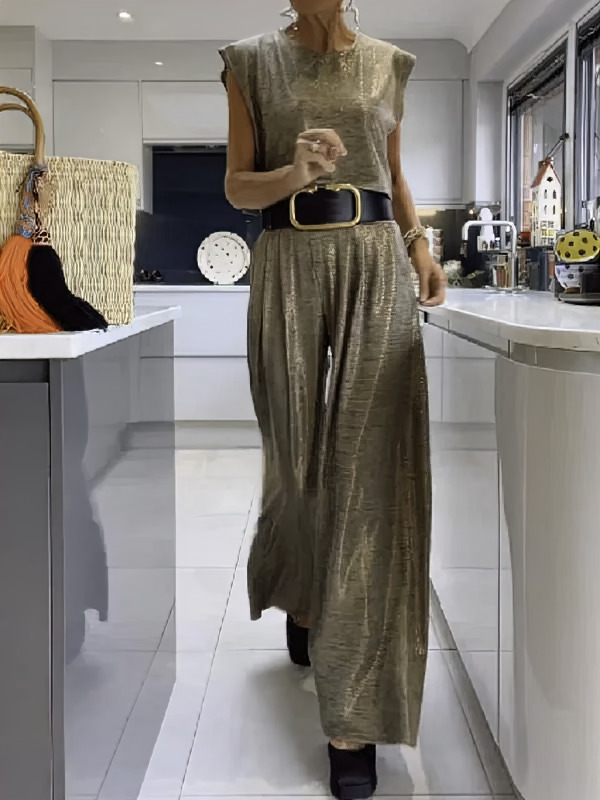 Andrea | Trendy glanzende top en vloeiende broek set voor een moeiteloze stijl