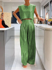 Andrea | Trendy glanzende top en vloeiende broek set voor een moeiteloze stijl