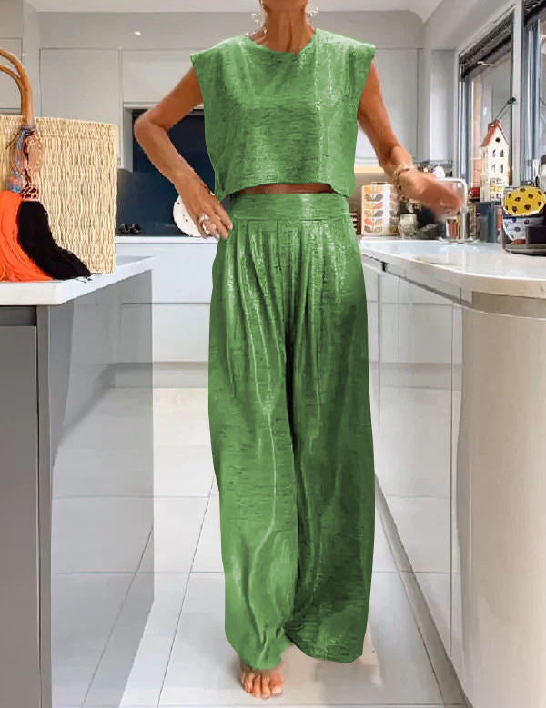 Andrea | Trendy glanzende top en vloeiende broek set voor een moeiteloze stijl