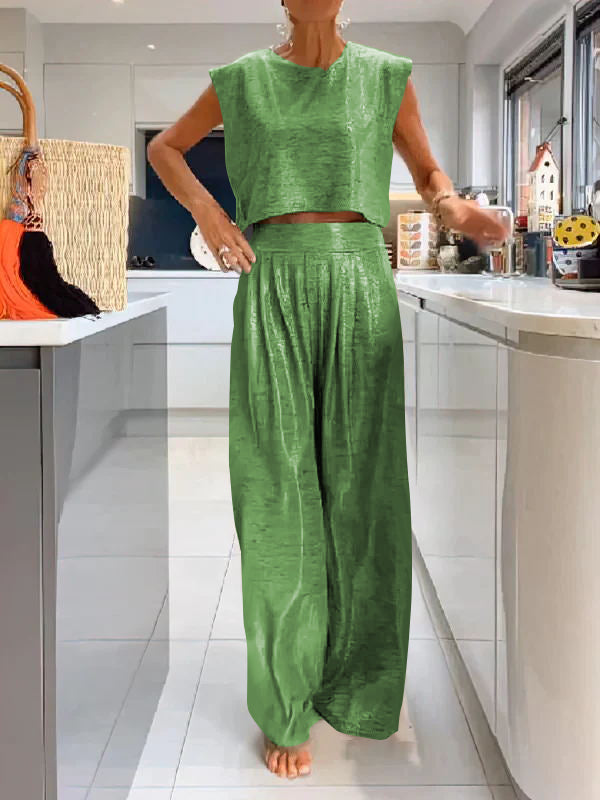 Andrea | Trendy glanzende top en vloeiende broek set voor een moeiteloze stijl