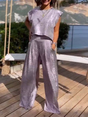 Andrea | Trendy glanzende top en vloeiende broek set voor een moeiteloze stijl