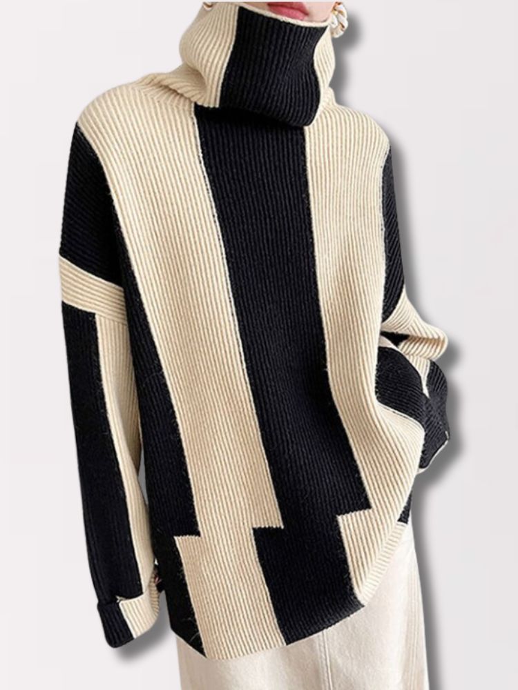 Amanda | Oversized Trui met Hoge Kraag en Blokkleuren