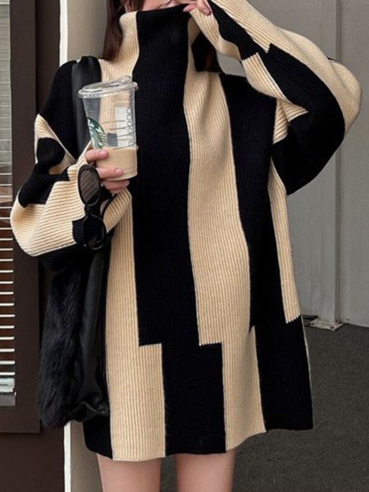 Amanda | Oversized Trui met Hoge Kraag en Blokkleuren