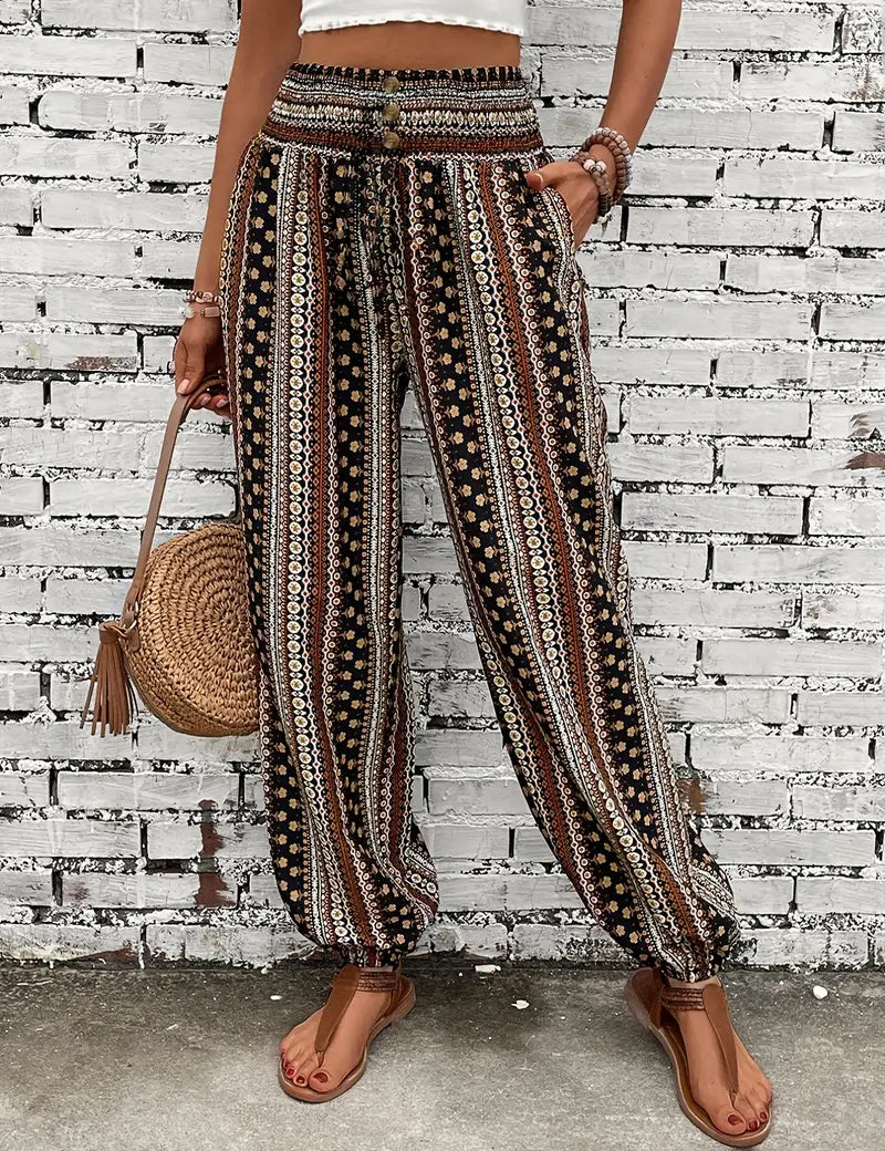 Stijlvolle Boho-chique broek met comfortabele gesmokte taille en unieke etnische print