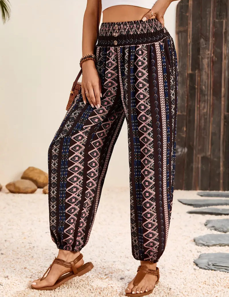 Stijlvolle Boho-chique broek met comfortabele gesmokte taille en unieke etnische print