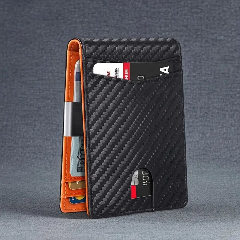 DEBRA Luxe Slanke Portemonnee | Carbonvezel met Oranje Lederen Accenten