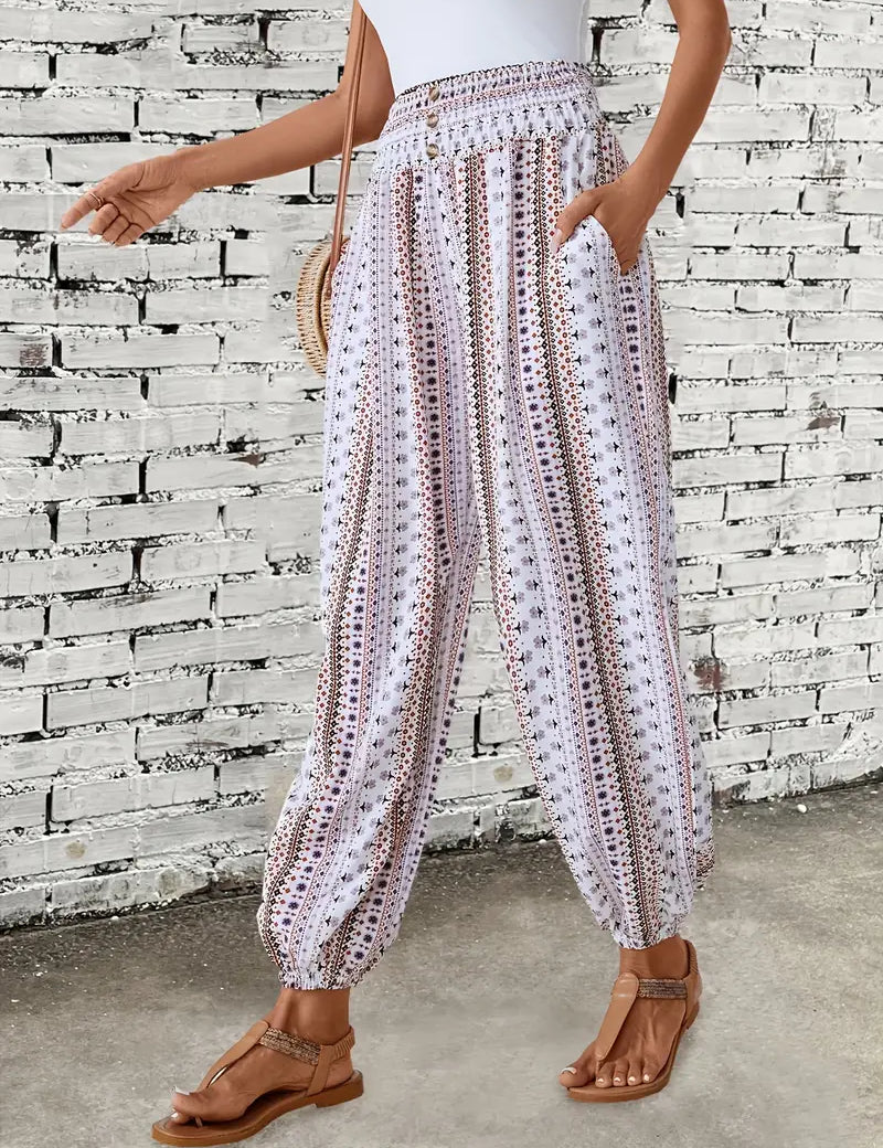 Stijlvolle Boho-chique broek met comfortabele gesmokte taille en unieke etnische print
