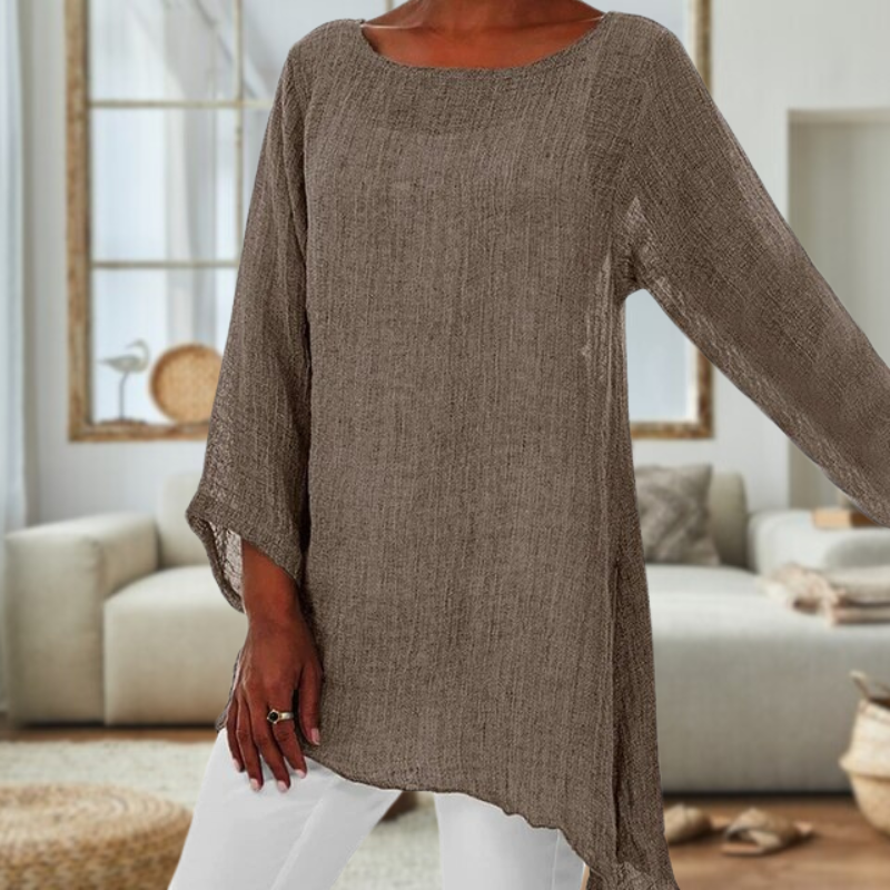 Elegante Linnen Blouse met Lange Mouwen en Ronde Hals voor Dames