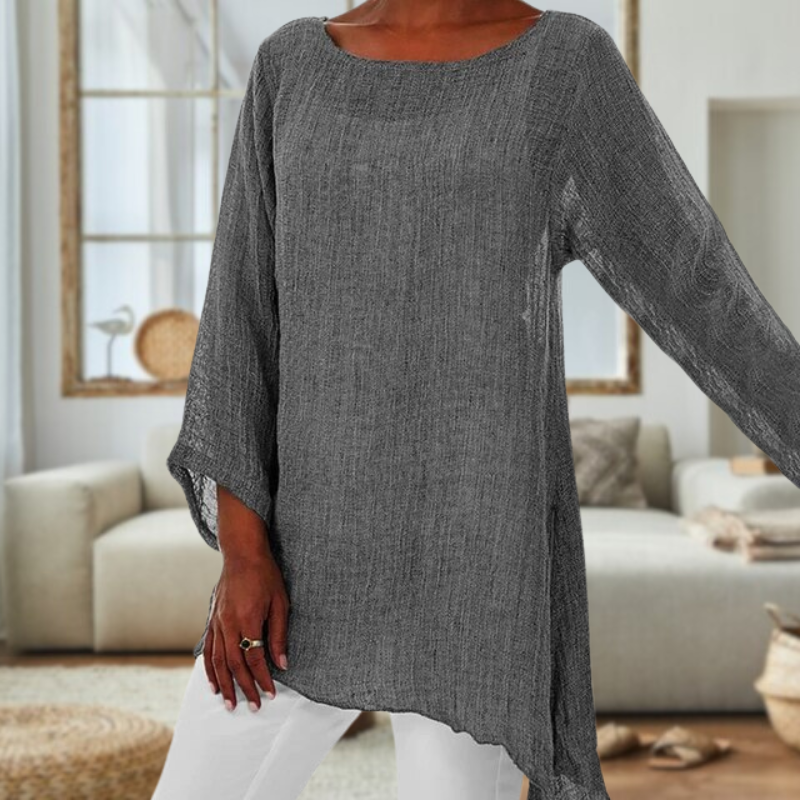 Elegante Linnen Blouse met Lange Mouwen en Ronde Hals voor Dames