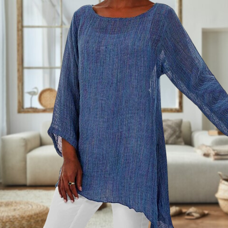 Elegante Linnen Blouse met Lange Mouwen en Ronde Hals voor Dames