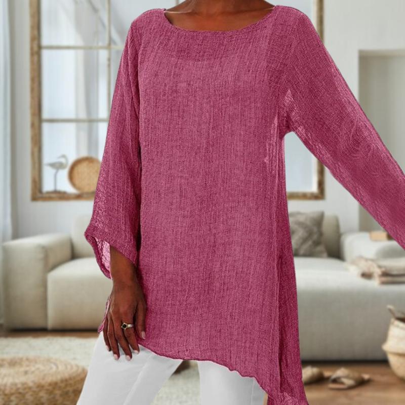 Elegante Linnen Blouse met Lange Mouwen en Ronde Hals voor Dames