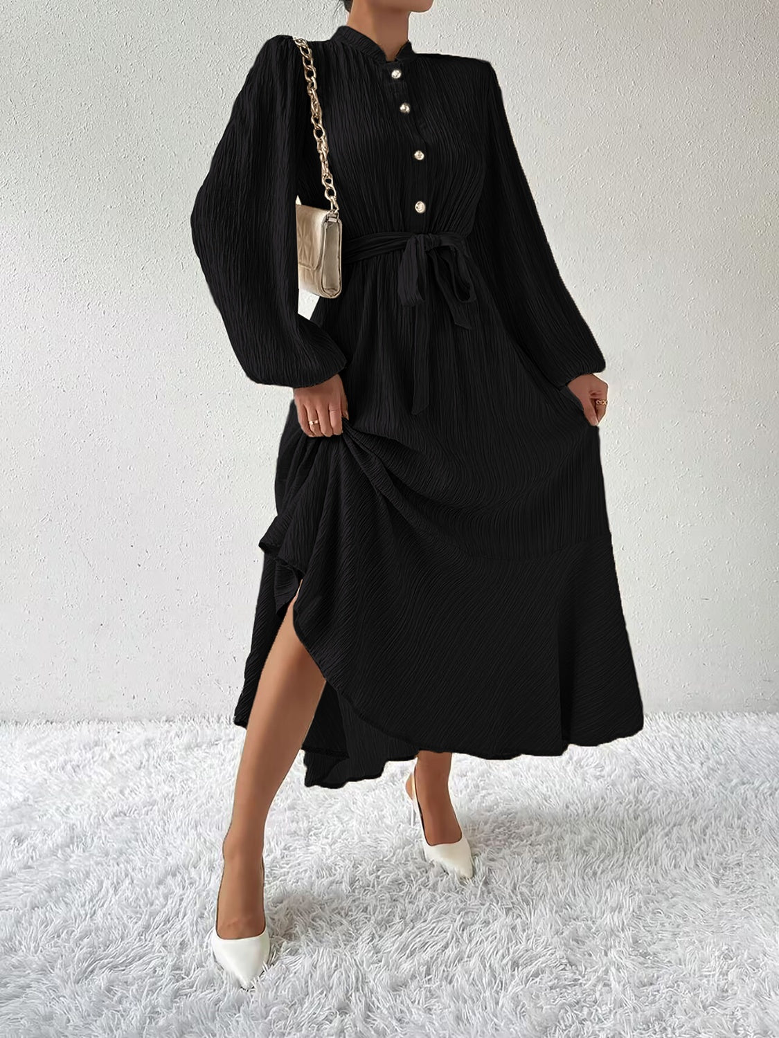 GWYNETH | Elegante jurk met lange mouwen en een stijlvolle strikceintuur