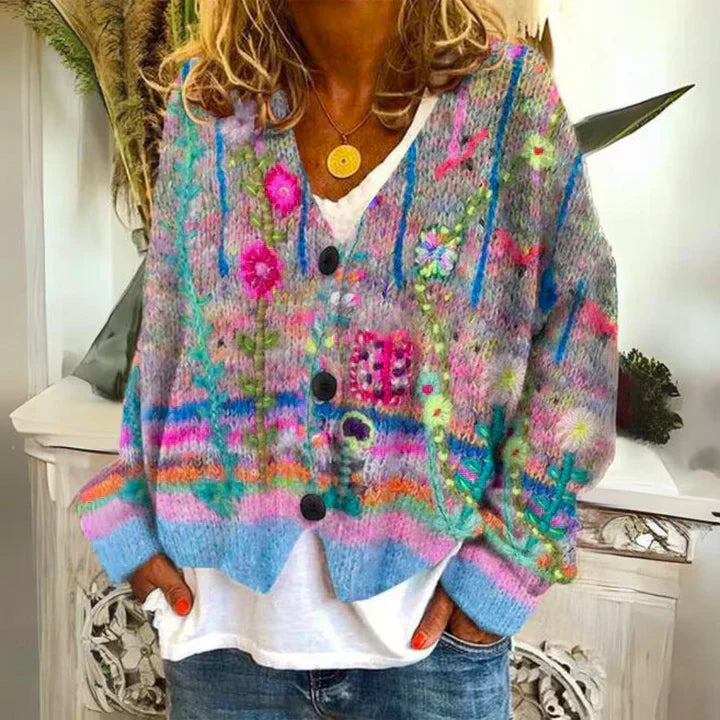 Angie | Dames warme bloemencardigan | Knoopsluiting 0