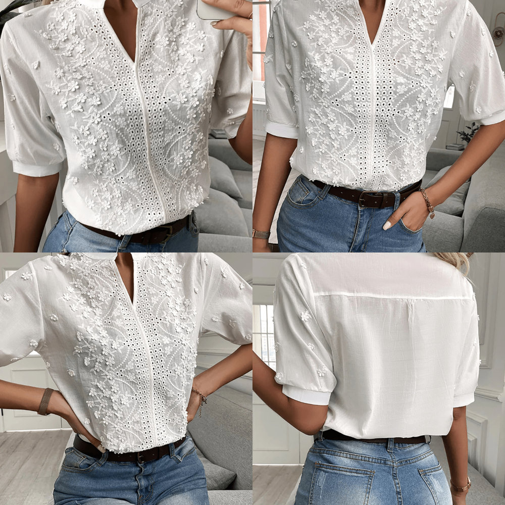 Elodie - Elegante Blouse met V-hals en Kanten Accenten