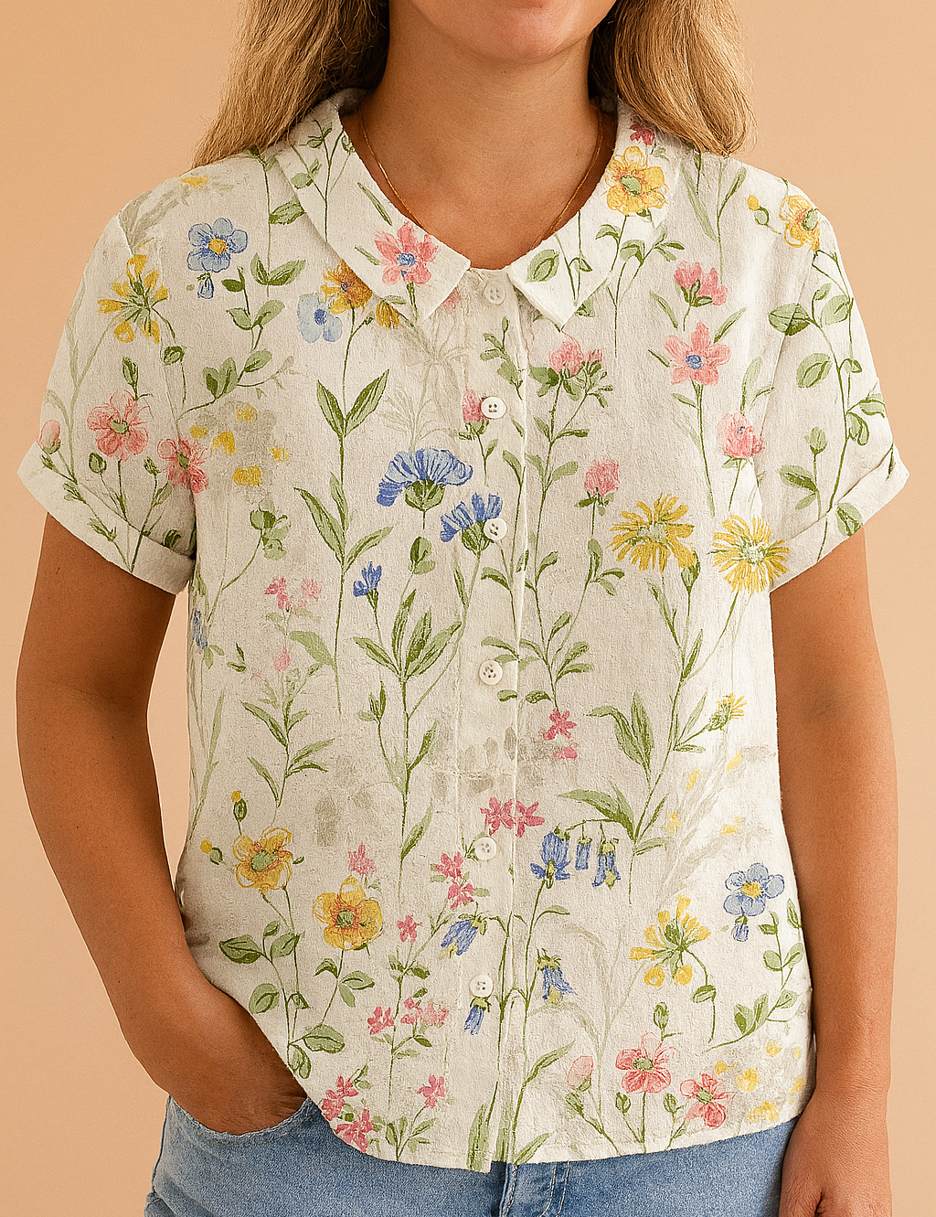 Korte mouwen linnen blouse met fijn bloemenveldpatroon in pastelkleuren, inclusief margrieten, korenbloemen en klaprozen, op een lichtbeige achtergrond.