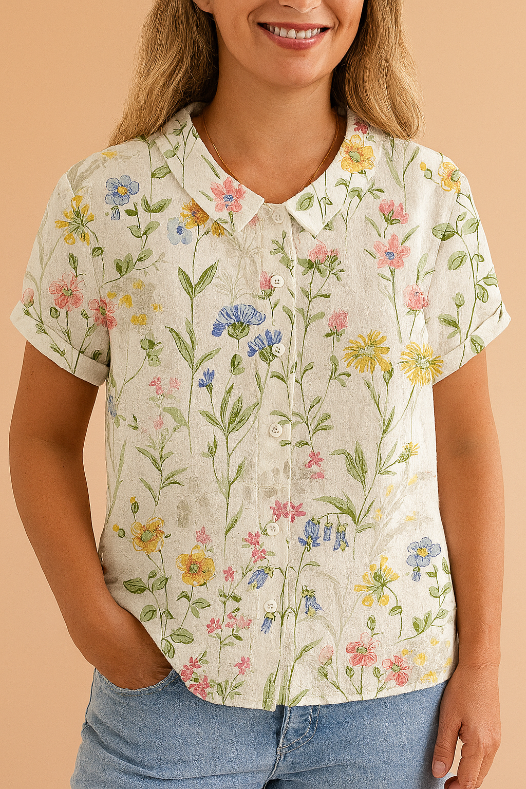 Korte mouwen linnen blouse met fijn bloemenveldpatroon in pastelkleuren, inclusief margrieten, korenbloemen en klaprozen, op een lichtbeige achtergrond.
