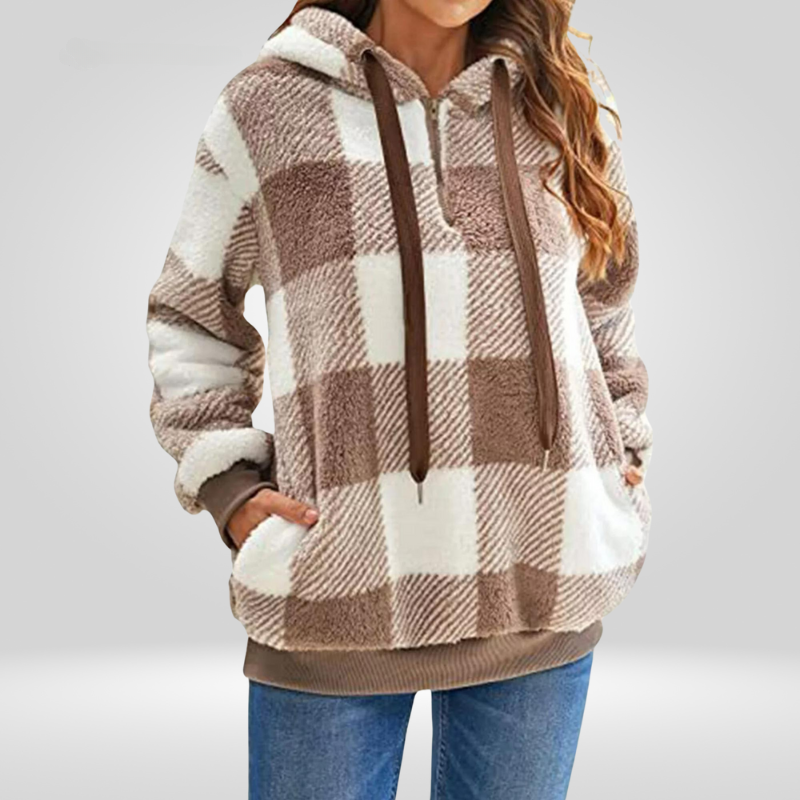 Dames hoodie met halve rits en ruitmotief | Gebreid 0