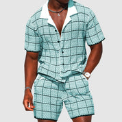 Tweedelige outfit voor heren-shirt met korte mouwen en shorts-geruite casual fit