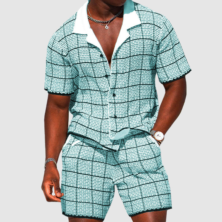 Tweedelige outfit voor heren-shirt met korte mouwen en shorts-geruite casual fit