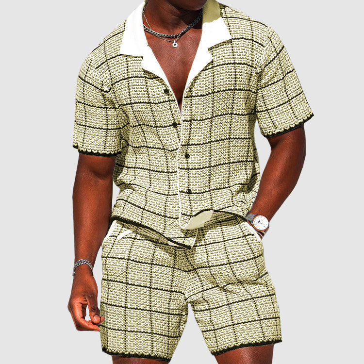 Tweedelige outfit voor heren-shirt met korte mouwen en shorts-geruite casual fit