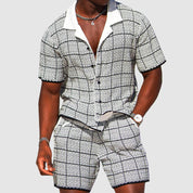 Tweedelige outfit voor heren-shirt met korte mouwen en shorts-geruite casual fit