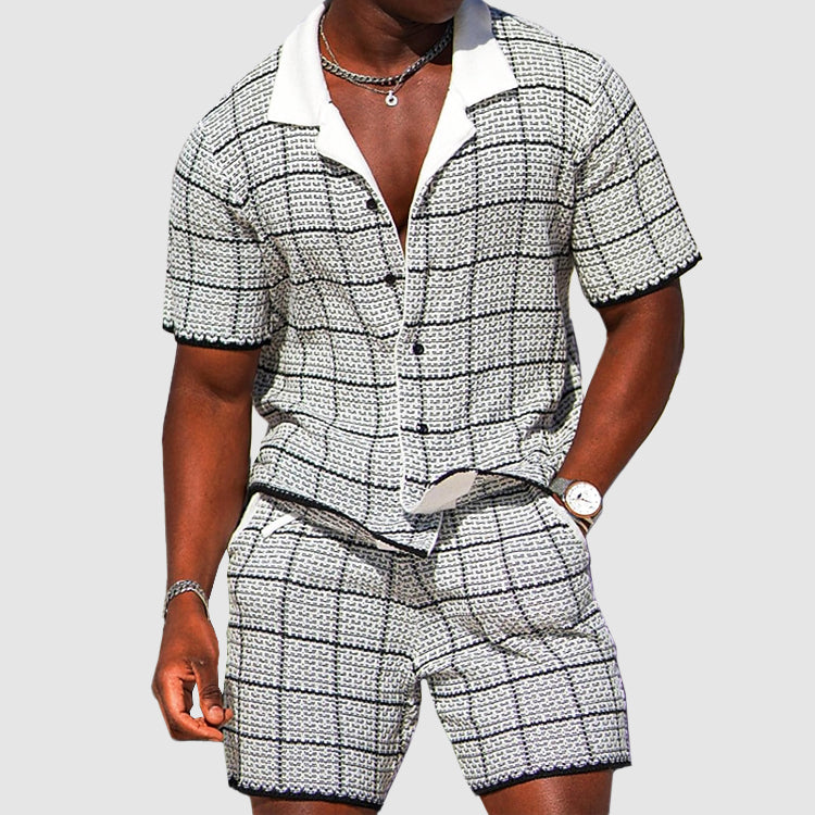 Tweedelige outfit voor heren-shirt met korte mouwen en shorts-geruite casual fit