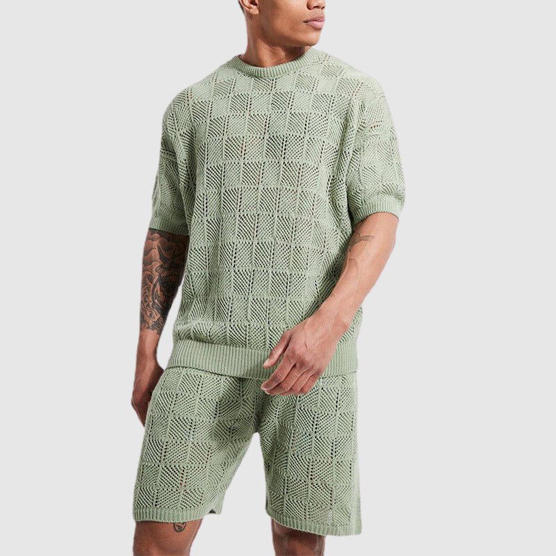 Heren gebreide set - Ademend top en shorts met korte mouwen - geometrische textuur casual slijtage