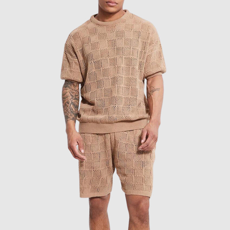 Heren gebreide set - Ademend top en shorts met korte mouwen - geometrische textuur casual slijtage