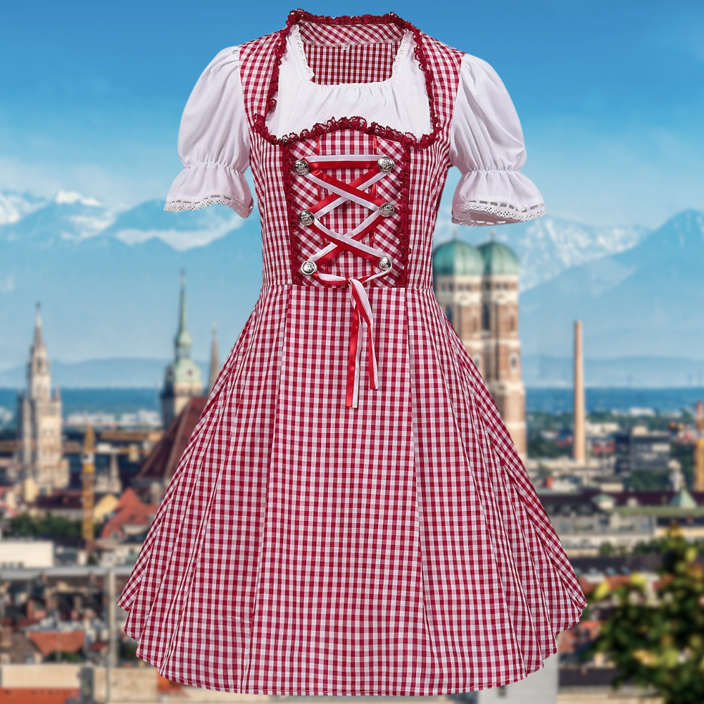 Dirndljurk Oktoberfest met ruitjesmotief en kanten lijfje 0