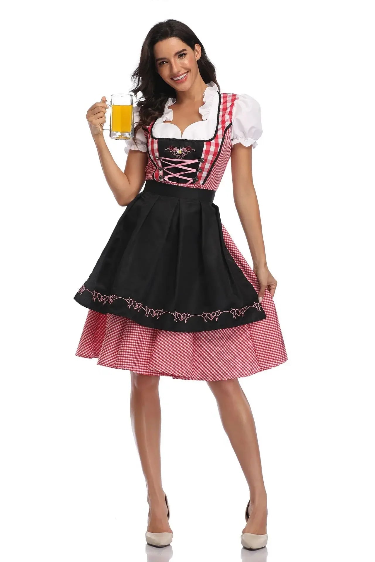 Dirndljurk met schort en ruitpatroon voor dames, traditioneel Oktoberfest 0