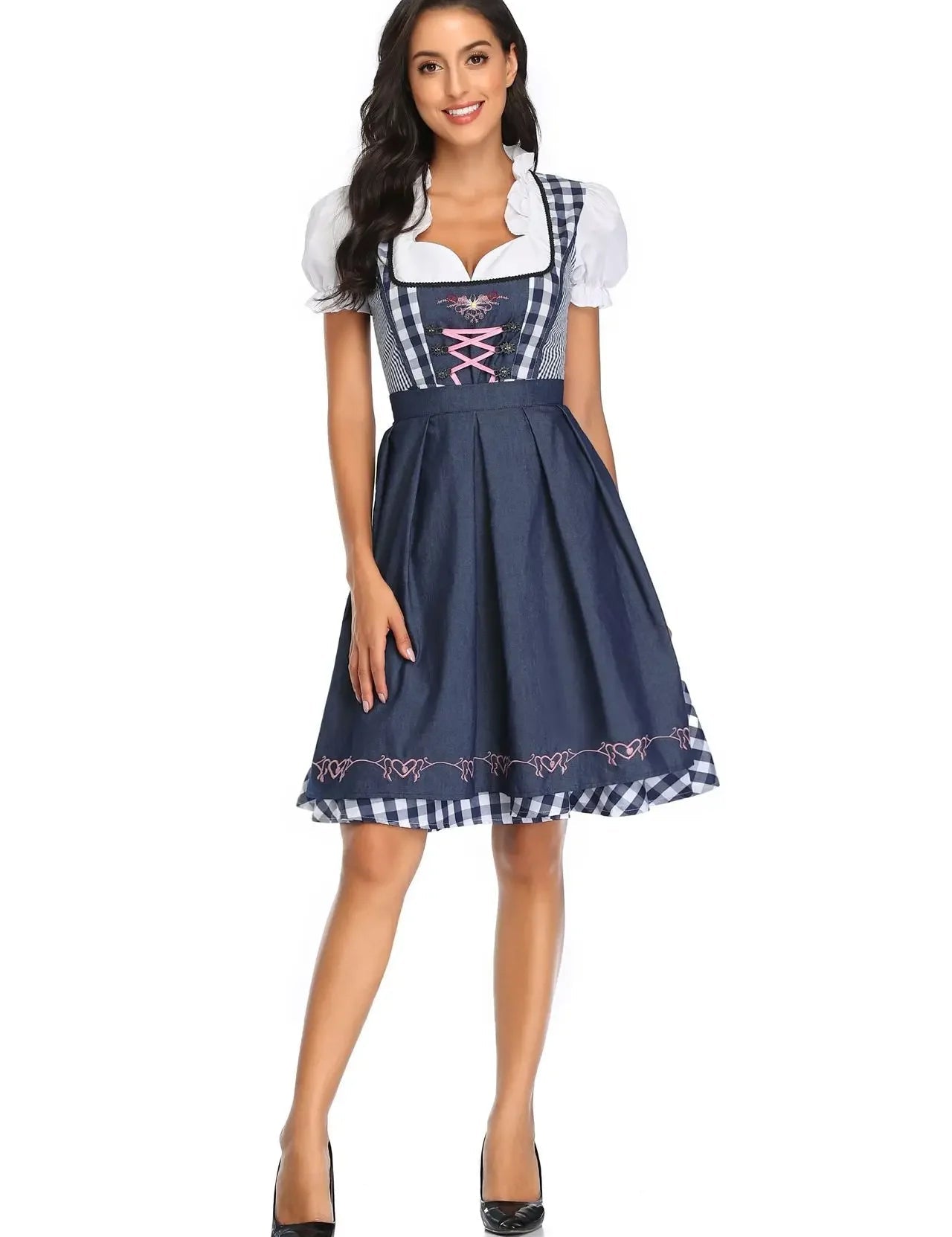 Dirndljurk met schort en ruitpatroon voor dames, traditioneel Oktoberfest 3