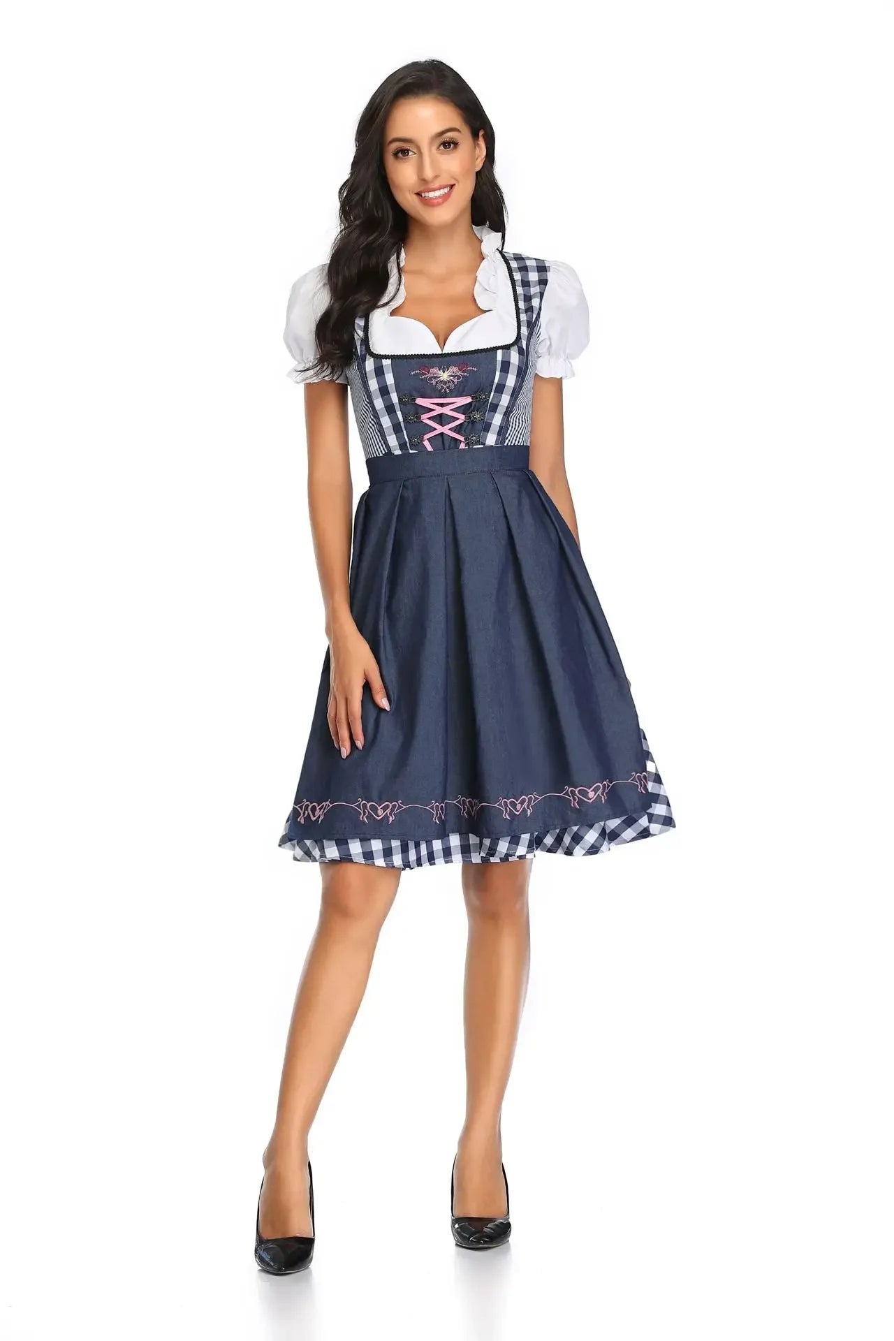 Dirndljurk met schort en ruitpatroon voor dames, traditioneel Oktoberfest 3