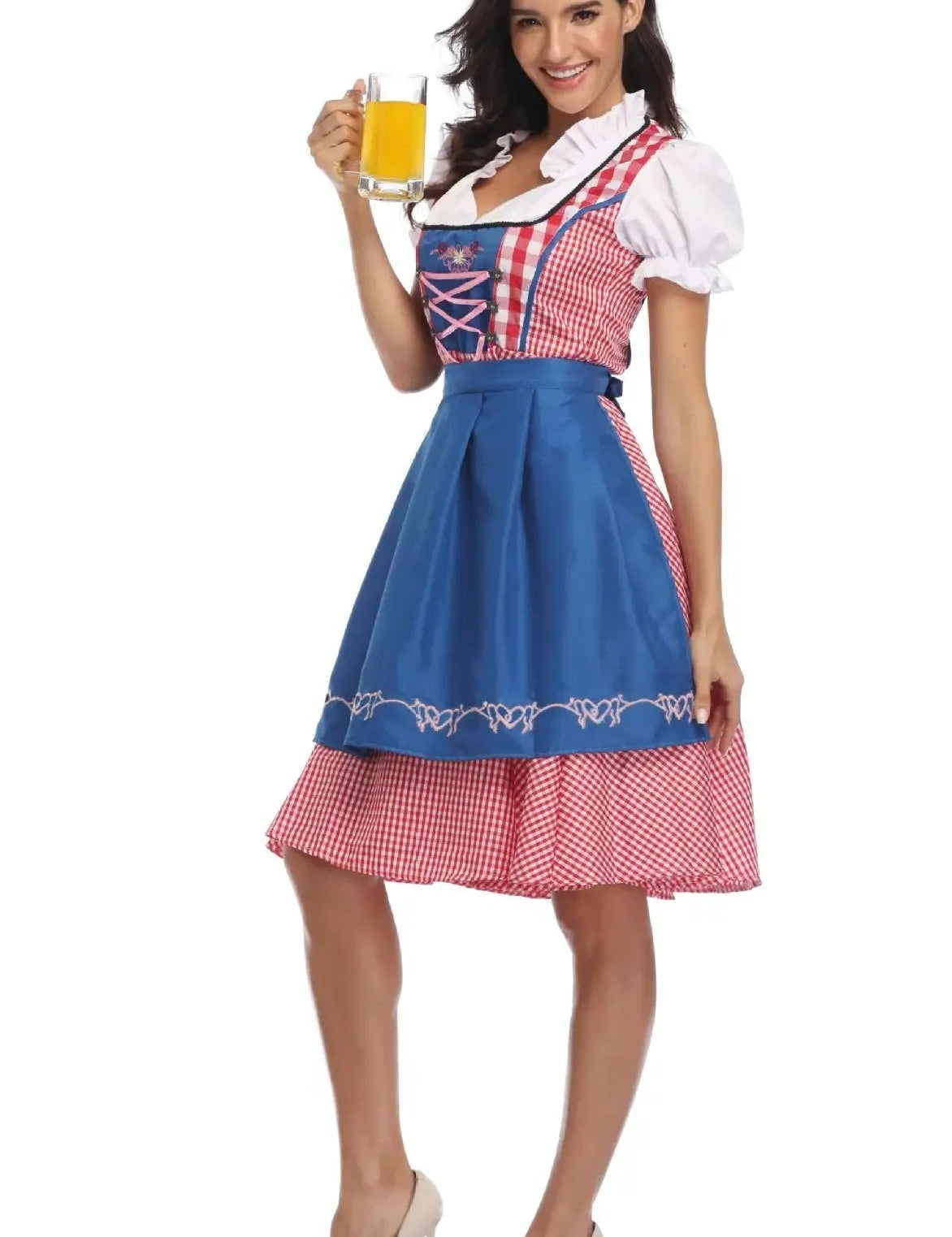 Dirndljurk met schort en ruitpatroon voor dames, traditioneel Oktoberfest 4