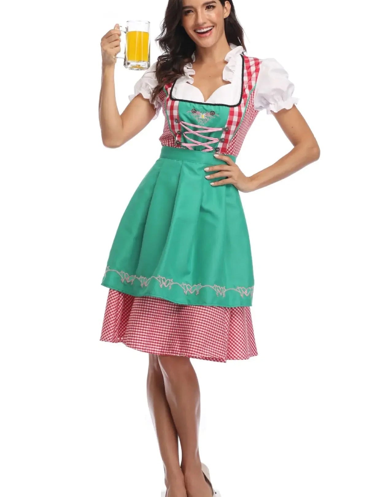 Dirndljurk met schort en ruitpatroon voor dames, traditioneel Oktoberfest 5