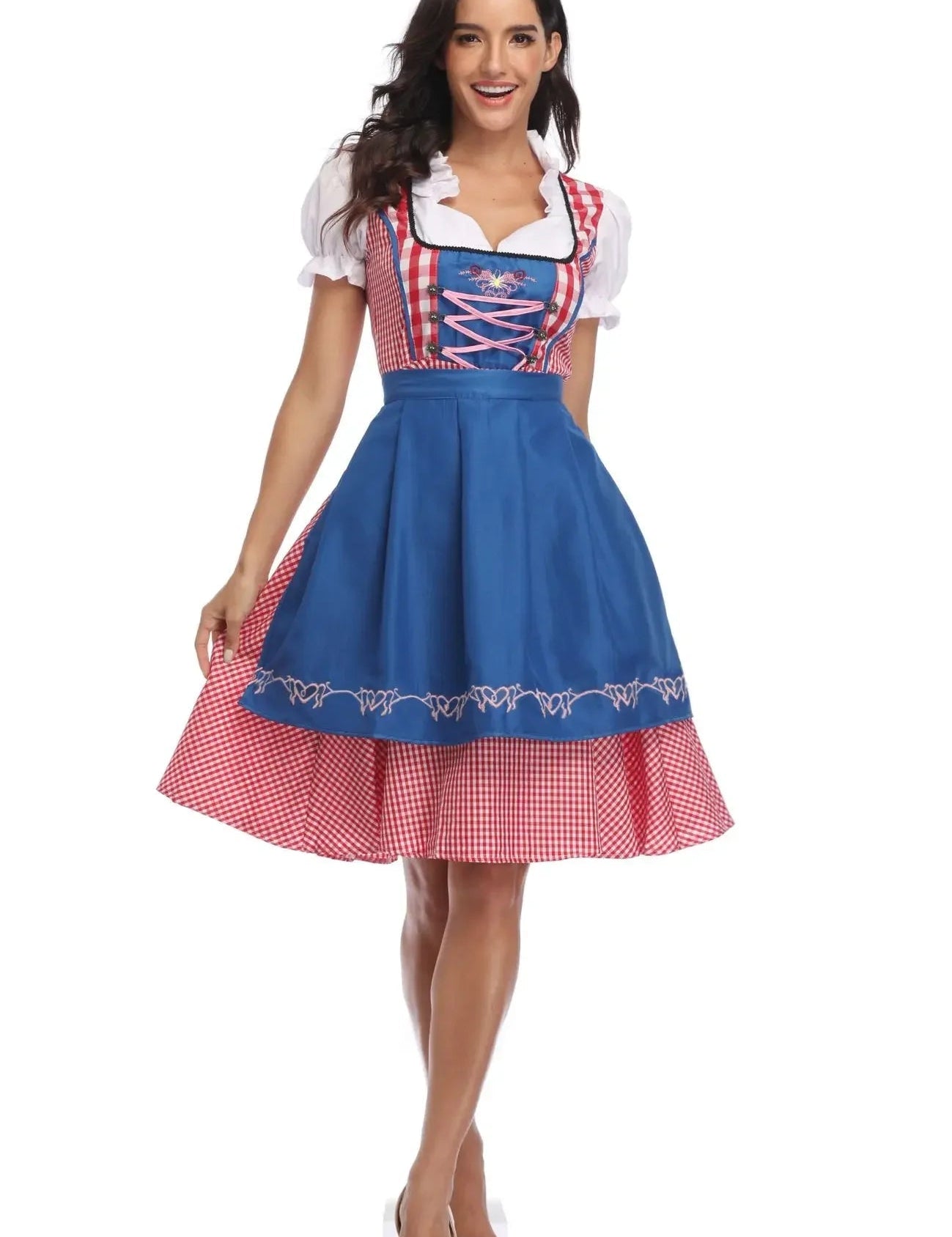 Dirndljurk met schort en ruitpatroon voor dames, traditioneel Oktoberfest 6