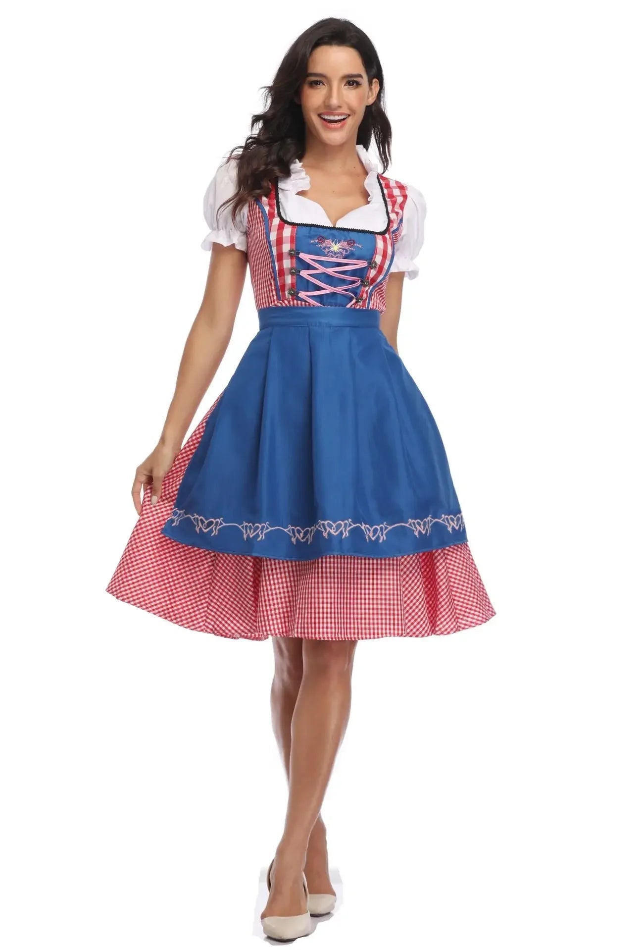 Dirndljurk met schort en ruitpatroon voor dames, traditioneel Oktoberfest 6