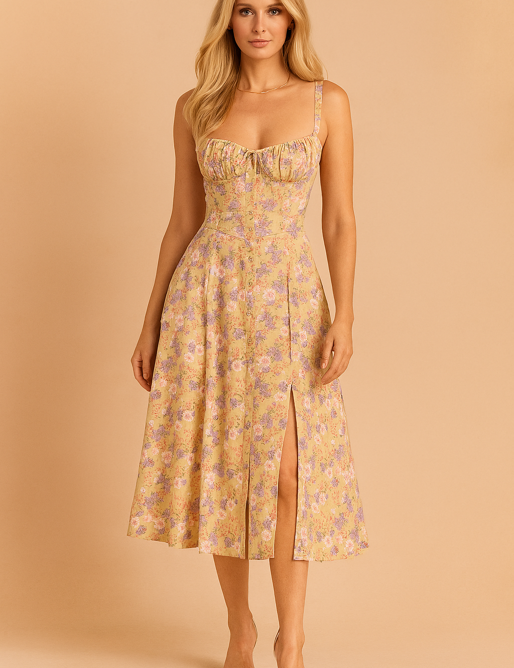 Mouwloze midi-jurk met bloemenprint, bustiertop en hoge split aan de voorkant in zachtgeel en lavendelkleurig design.