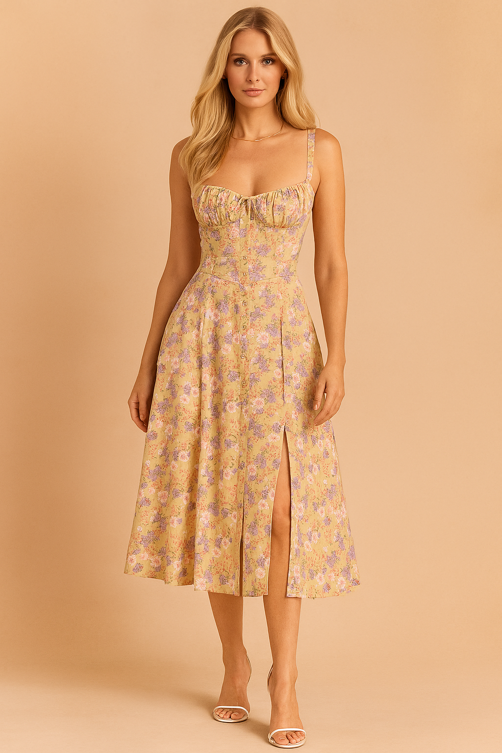 Mouwloze midi-jurk met bloemenprint, bustiertop en hoge split aan de voorkant in zachtgeel en lavendelkleurig design.