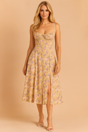 Mouwloze midi-jurk met bloemenprint, bustiertop en hoge split aan de voorkant in zachtgeel en lavendelkleurig design.