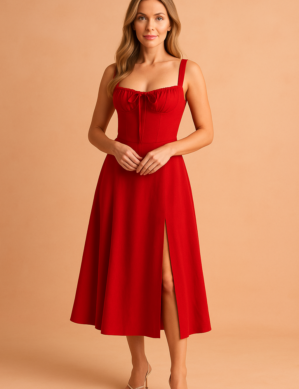 Effen rode midi-jurk met bustiertop, brede schouderbandjes en hoge split voor een vrouwelijke look.