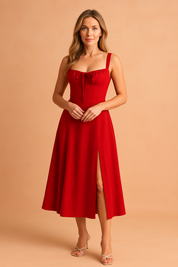 Effen rode midi-jurk met bustiertop, brede schouderbandjes en hoge split voor een vrouwelijke look.