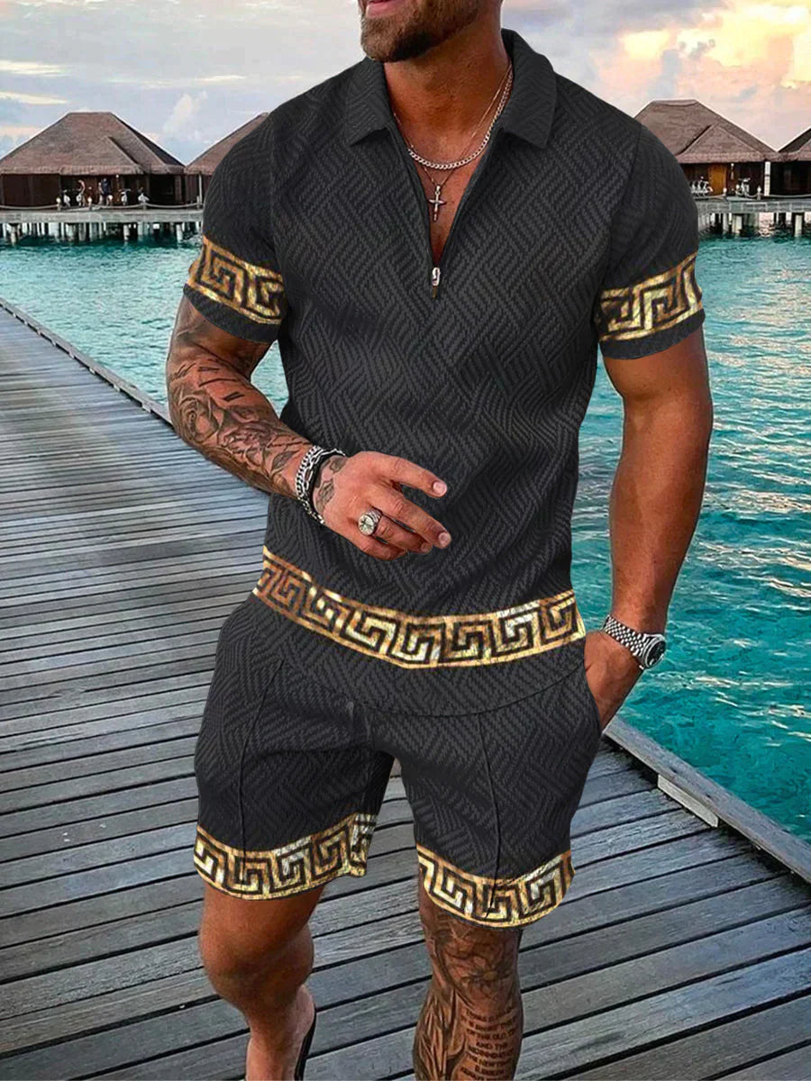 Tweedelige set voor heren - gestructureerde zip -polo en bijpassende korte mouwen met korte mouwen - Casual Wear