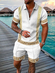 Tweedelige set voor heren - gestructureerde zip -polo en bijpassende korte mouwen met korte mouwen - Casual Wear
