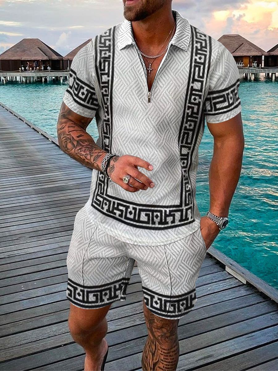 Tweedelige set voor heren - gestructureerde zip -polo en bijpassende korte mouwen met korte mouwen - Casual Wear