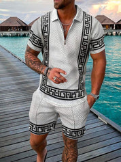 Tweedelige set voor heren - gestructureerde zip -polo en bijpassende korte mouwen met korte mouwen - Casual Wear